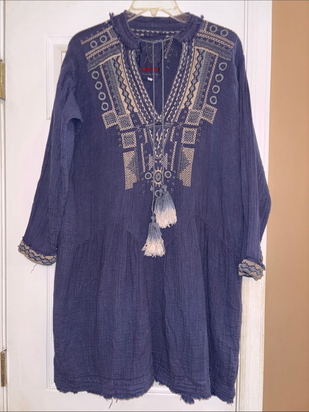 Johnny Was Indigo Embroidered Tassel Mini Dress